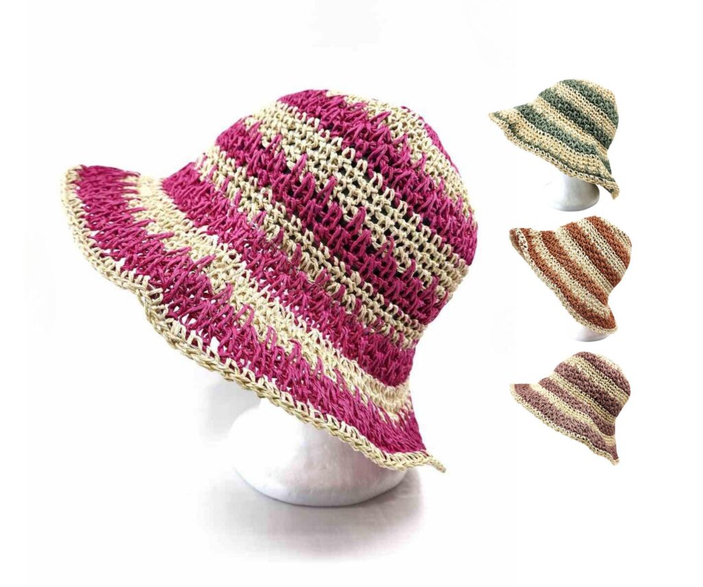 Women's Hand Crochet Clothe Straw Bucket Sun Hat in Two Tone Stripes
