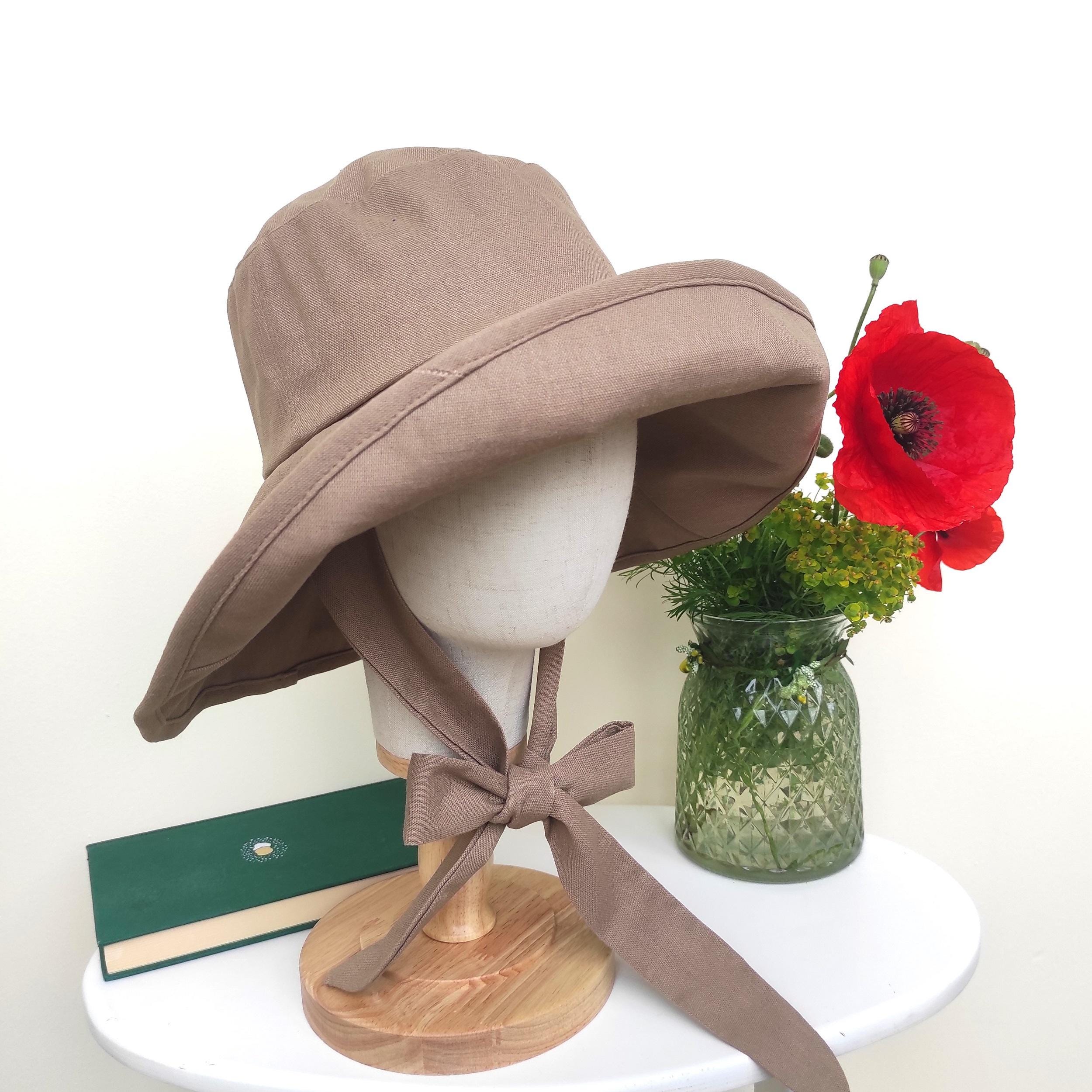 Khaki Linen Cotton Summer Bucket Hat, Linen Wide Brim Sun Bonnet, Floppy Vacation Honeymoon Foldable Sun Hat, Gift for Her Hat - Image 3
