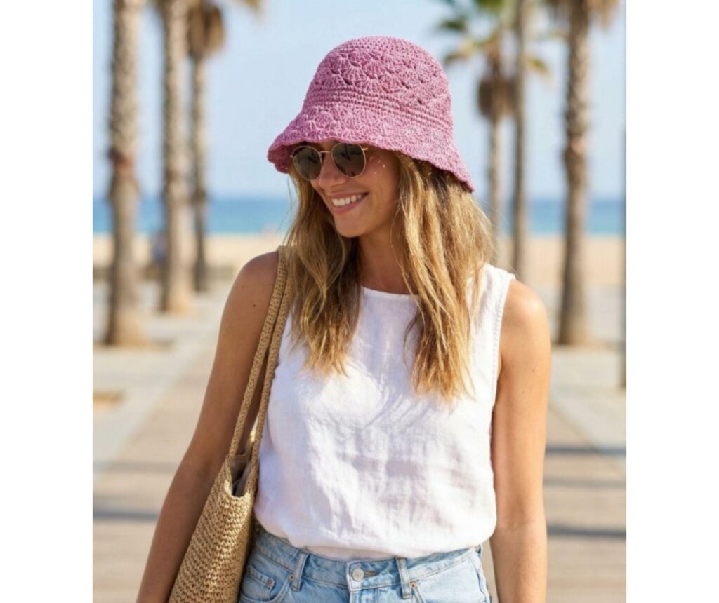 Women's Hand Crochet Clothe Straw Solid Color Bucket Hat